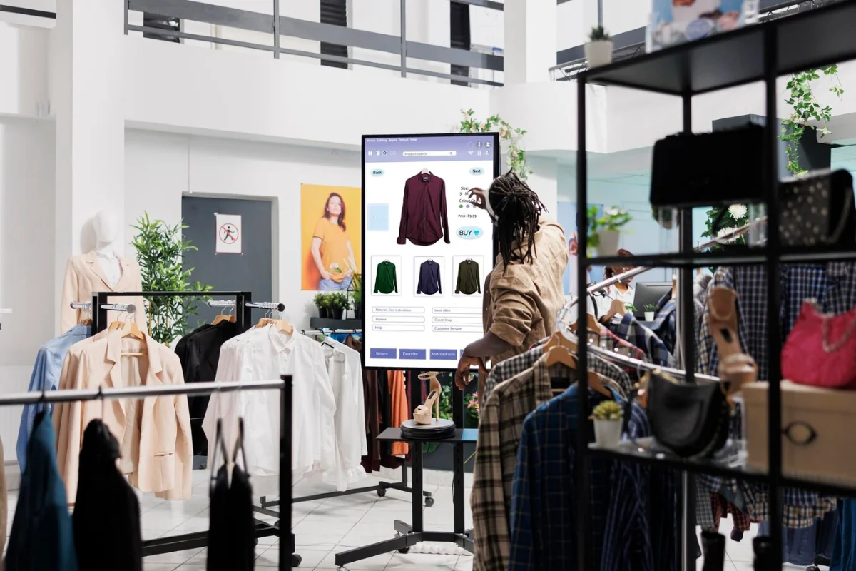 A person browsing clothes on a digital display in a modern, stylish boutique store.