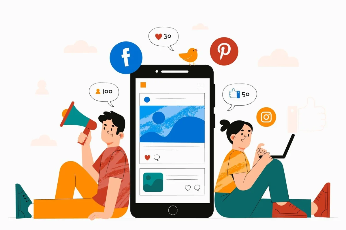 Illustration of two people using social media platforms on a smartphone and laptop, surrounded by icons and speech bubbles.