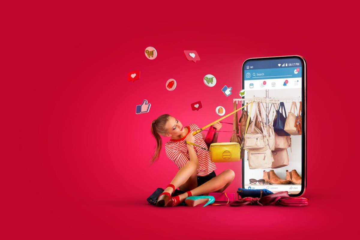 Young girl measuring a giant smartphone screen displaying a shopping app, with icons floating around, on a red background.