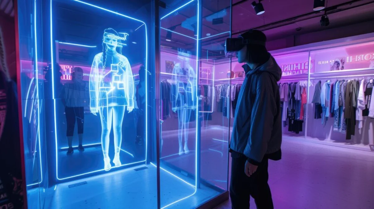 Person wearing VR headset observes a holographic display of a woman in a futuristic clothing store.