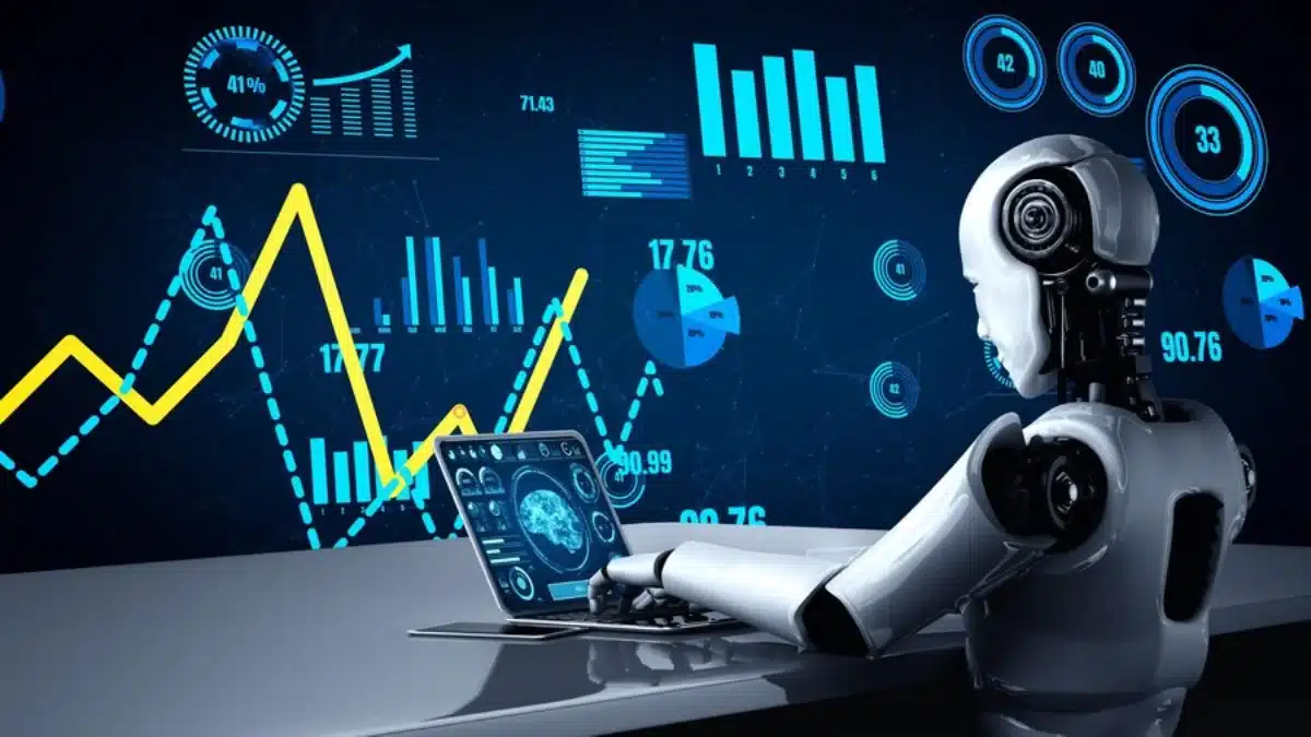 Robot with human-like features using a laptop surrounded by futuristic digital graphs and data visualisations.