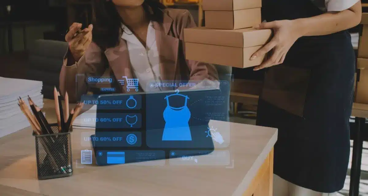 A woman uses a futuristic augmented reality interface for online shopping while receiving packages from another person.
