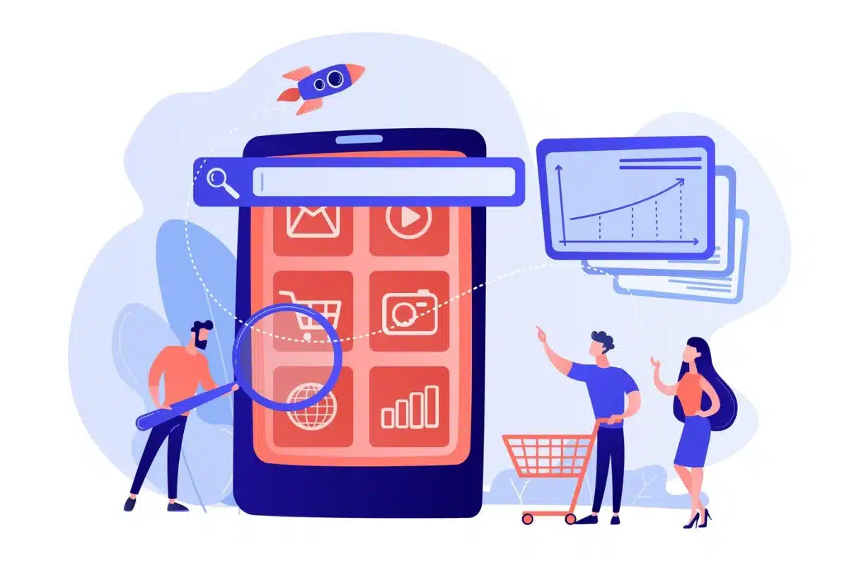 Illustration of three people analyzing data on a large smartphone, with graphical elements like charts and a rocket symbol.
