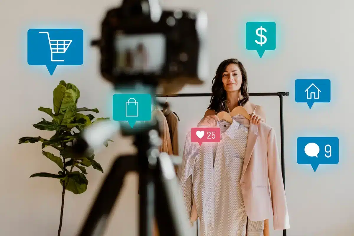 Woman presents clothing on hangers for a video, surrounded by social media interaction icons.