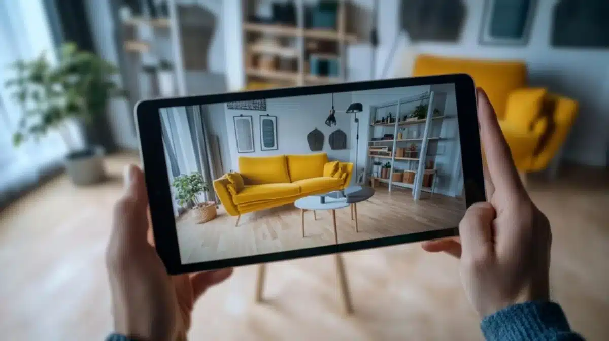 Hands holding a tablet displaying a photo of a stylish living room with a yellow sofa and modern decor.