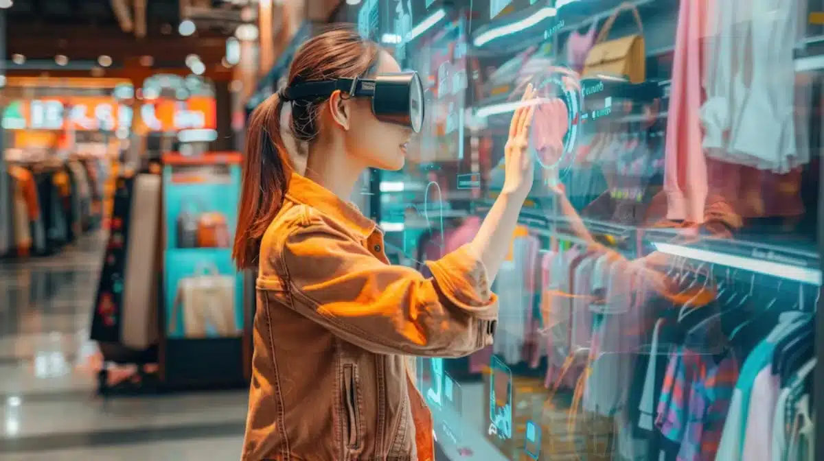 Woman using virtual reality headset to browse digital displays in a futuristic clothing store.