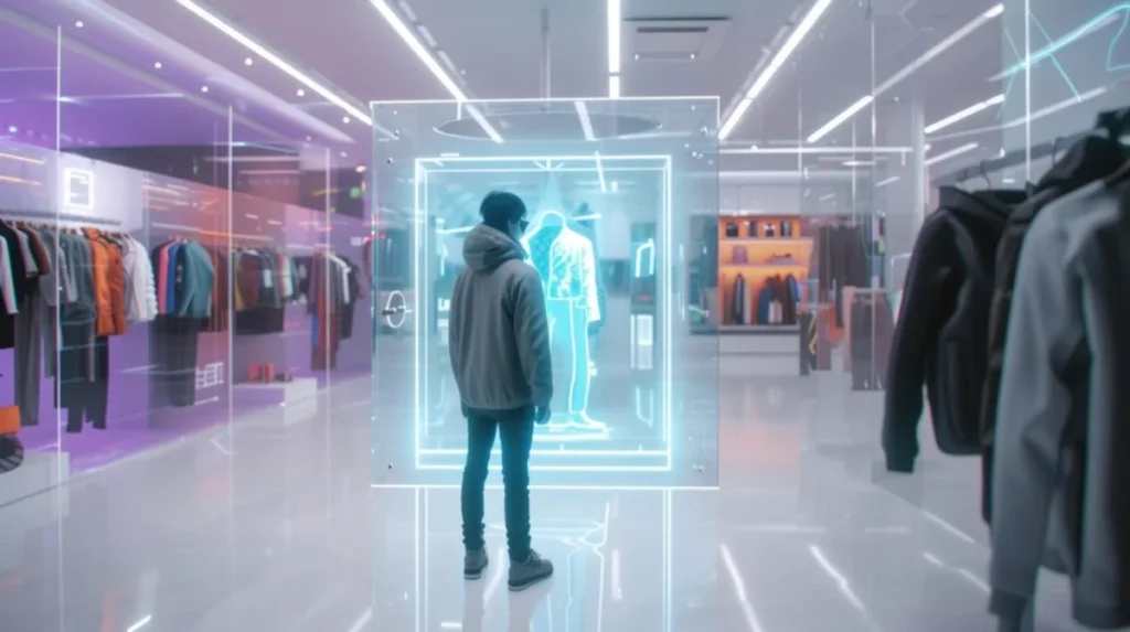 A person viewing a futuristic digital display of a mannequin in a brightly lit, modern clothing store.
