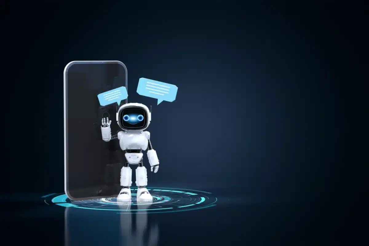 A small humanoid robot with blue eyes emerges from a smartphone, displaying chat icons, on a dark background.